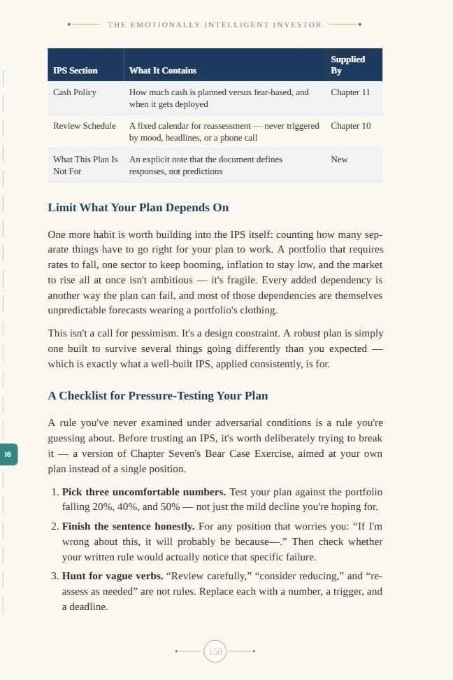 Page from Chapter 16 showing an Investment Policy Statement table and a checklist for pressure-testing a plan